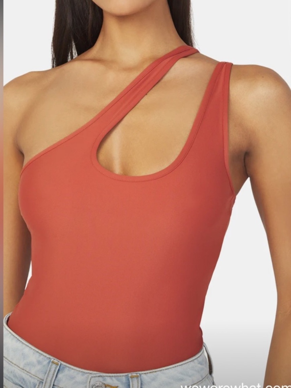 WEWOREWHAT XS asymmetrical bodysuit in clay (burnt orange/red clay)